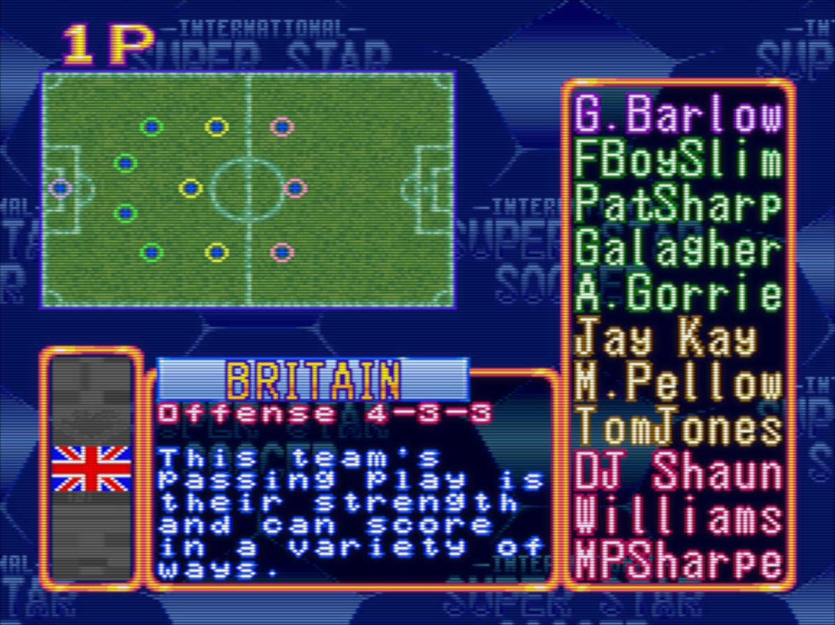 International Superstar Soccer (British Music edition) (Super Nintendo) Romhack