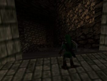 Image of the catacombs and Link standing in front of the stairs