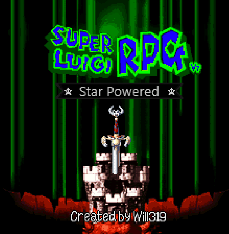 Title Screen for the rom hack "Super Luigi RPG Star Powered" for Version 7, below the logo it says "Created by Will319"