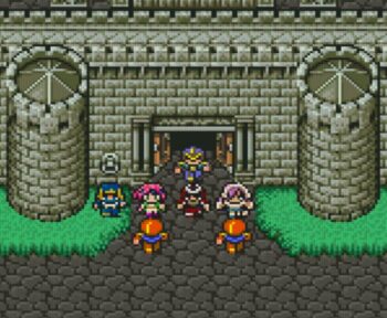 Faris, Bartz, Lenna, and Galuf in 16-color Job outfits in front of Surgate; Guard Regent is wearing a new outfit color
