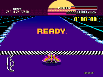 A synthwave 80's inspired racetrack featuring a sunset