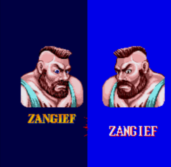 Comparison: Zangiel Special Champion Edition versus Turbo Bootleg colors hack. Here is the difference in the eye color to due it uses diferent shared color palete than the Special Champion Edition official rom.
